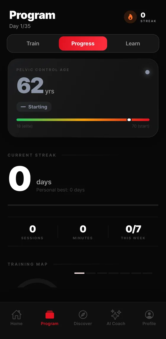 Progress screen showing pelvic control age