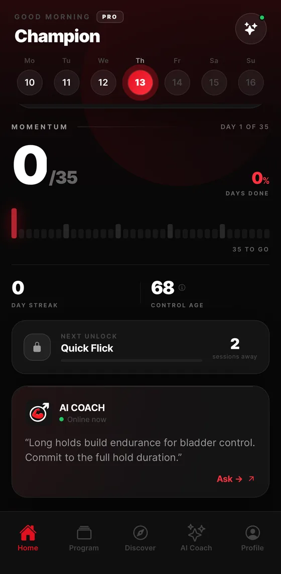 The Kegel AI home screen showing today's momentum and control age