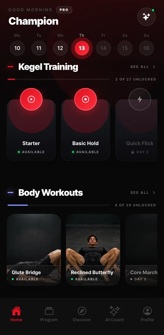 Exercise library with kegel training and body workouts