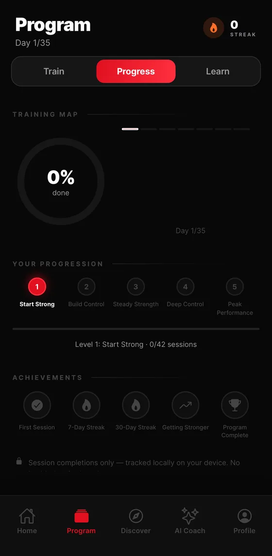 Training map with progression levels and achievements