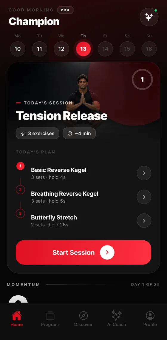 Today's session screen with the exercise list