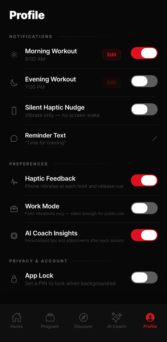 Privacy and notification settings, including app lock